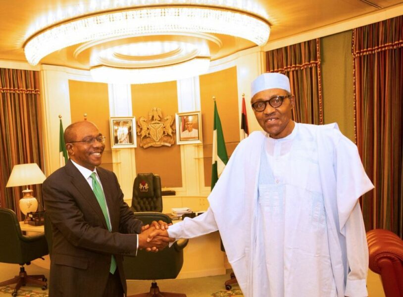 Buhari-receives-and-congratulates-the-Central-Bank-Governor-of-Nigeria-Mr.-Godwin-Emefiele-in-his-office-State-House-Abuja