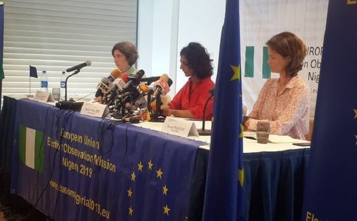 European-Union-Observation-Mission-Report-Nigeria-2019-General-Election-L-R-Hannah-Roberts-Maria-Arena-and-Sarah-Fradgley-Transcorp-Hilton-on-Saturday-in-Abuja-