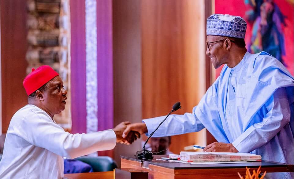 President-Buhari-during-the-Swearing-In-of-Engr.-Elias-Mbam-as-Chairman-of-the-Revenue-Mobilisation-Allocation-and-Fiscal-Commission