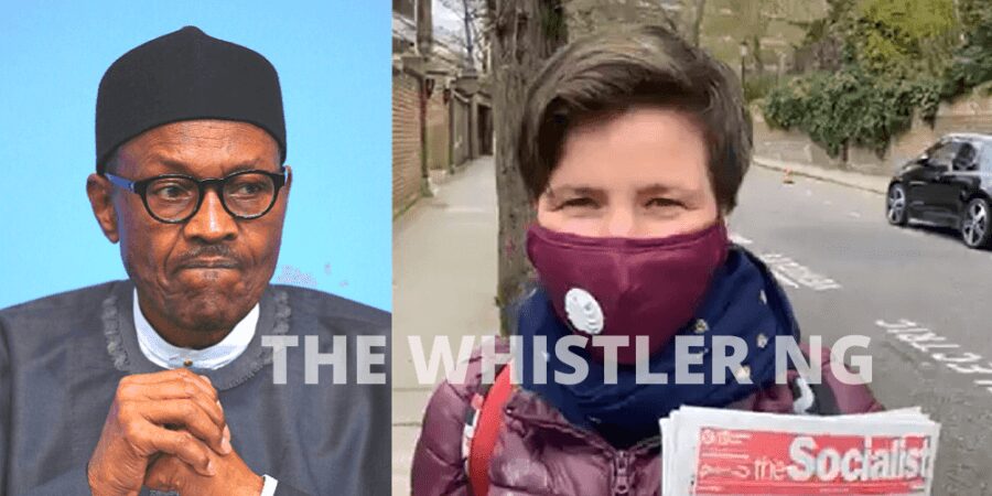 White-Woman-Protests-Against-Buhari-in-London-THE-WHISTLER-NG