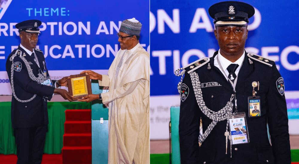 President Muhammadu Buhari presenting an award to Kano DPO who rejected bribe.
