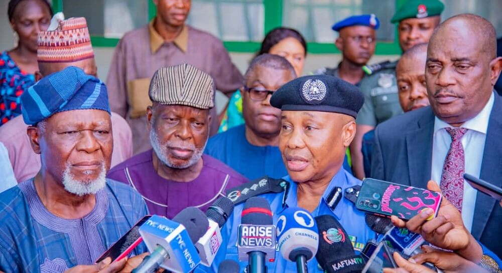 IGP Usman Baba addressing the press after a closed-door meeting with retired IGPs and PSC Chairperson, Solomon Arase