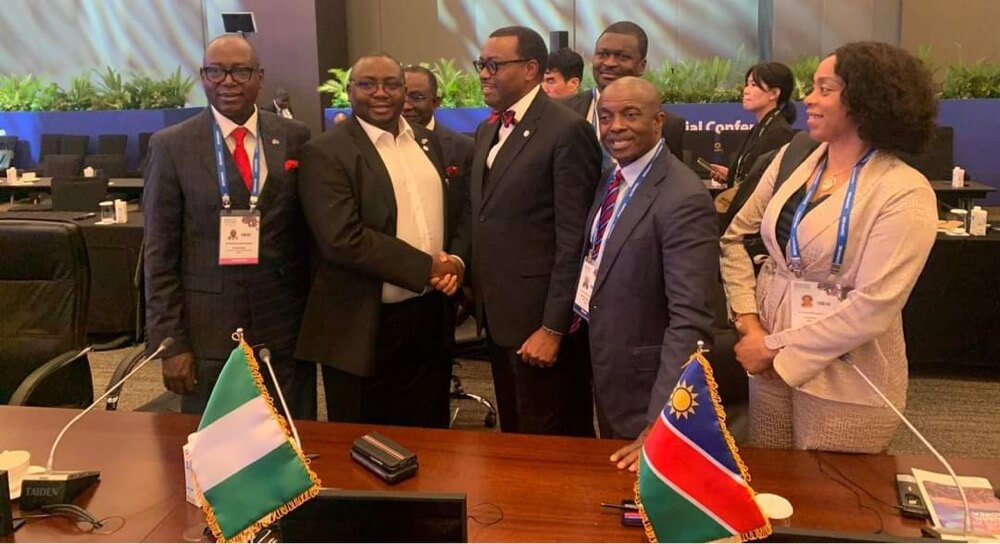 The President of African Development Bank (AfDB) in a handshake with the Minister of Power Adebayo Adelabu at the Korea-Africa Economic Cooperation (KOAFEC) Ministerial Conference 2023 holding in Busan, Korea.