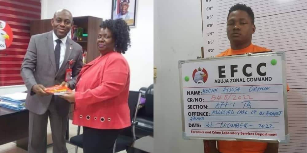L-R American female victim of romance scam Cheryldene Cook receiving documents from an EFCC official, Nigerian fraudster Kelvin Orhue