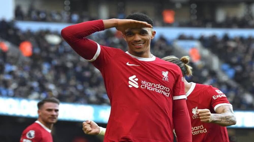 Liverpool’s Trent Alexander-Arnold celebrates his goal against Manchester City