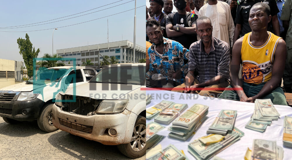 L-R: Recovered Hilux vehicles; Arrested suspects of fraud syndicate in the FCT