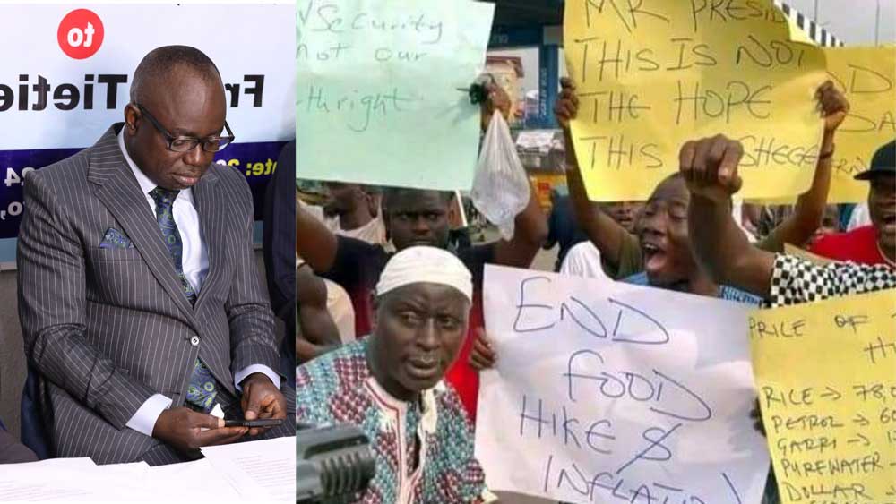 Merged Photos of Barrister Frank Tietie and Nigerians protesting the high cost of food(Credit: Premium Times)
