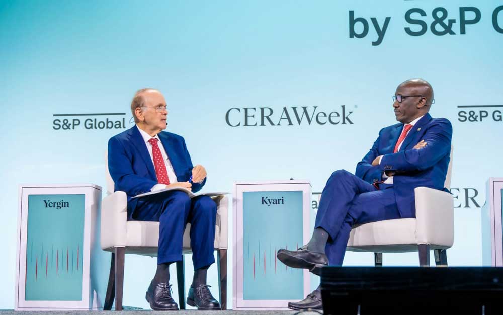 The Vice Chairman, S&P, Mr Daniel Yergin; and the Group Chief Executive Officer of the Nigerian National Petroluem Company Limited, Mele Kyari at the Leadership Dialogue Session held during the 2024 edition of CERAWeek by S&P Global in Houston, United States on Tuesday.