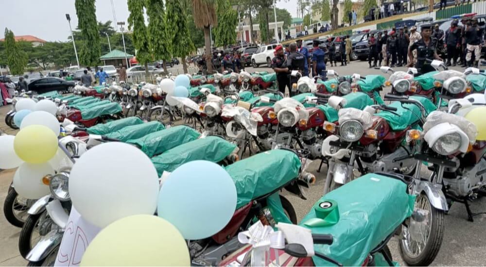Minister of FCT, Nyesom Wike distributes 100 motorcycles to six Area Councils and security agencies in the FCT.