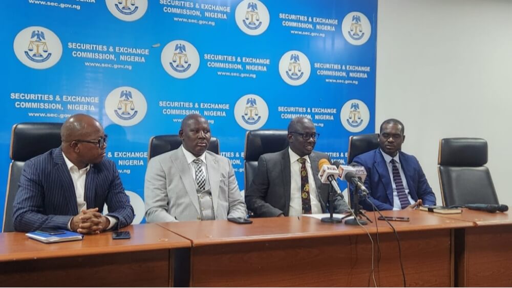 L-R. Former Chairman, Securities and Exchange Commission Staff Union Mr Nelson Oleghe, Vice Chairman Mr Musa Dakup , Chairman Mr Abba Mamman and Secretary of the Union Mr David Oyalami during a Press. Conference on the recent Change of Management of the SEC in Abuja Monday.