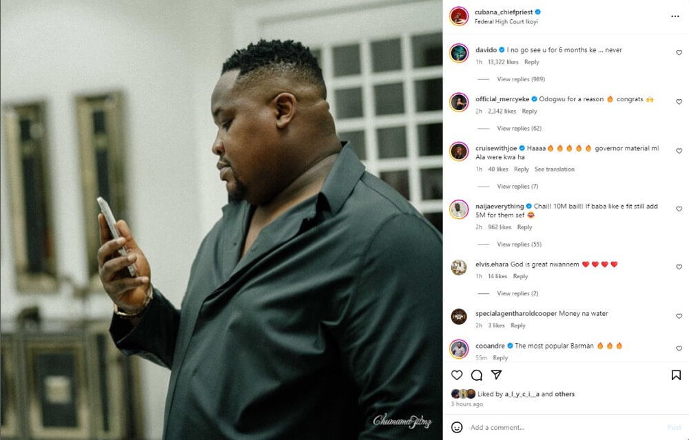 A Screenshot of Cubana Chief Priest's Comment Section Showing The Reactions Of Some Celebrities and Nigerians After A Post Confirm His Release