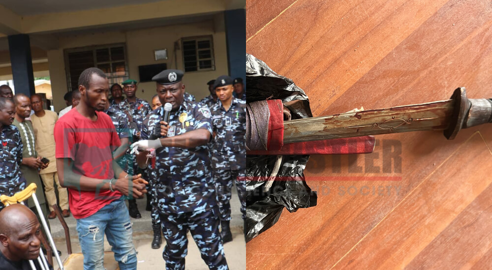 L-R: FCT Police CP, Benneth Igweh parades Jonathan Marcus at the Command in Abuja; The weapon the suspect used to slit the throats of the aged couple.