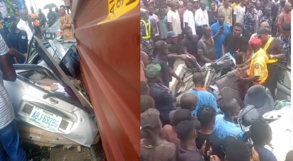 Woman-Dies-As-40ft-Truck-Falls-On-Nissan-Car-In-Lagos