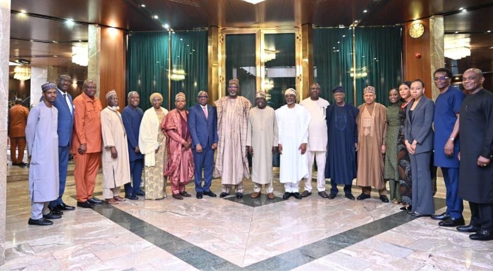 President Bola Ahmed Tinubu; Chief of Staff to the President, Femi Gbajabiamila; Group Chief Executive Officer (GCEO) of NNPC Ltd, Mr. Bashir Bayo Ojulari; Chairman of the NNPC board, Ahmadu Musa Kida; ministers and other members of the Board of NNPCL, after the inauguration at the Presidential Villa, Abuja on Thursday