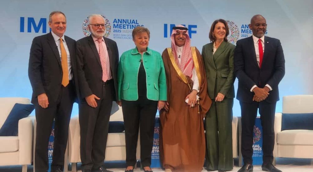 Professor of Entrepreneurship, MIT Sloan School of Management, Ronald Kurtz,; Panel Moderator, Simon Johnson; Managing Director, International Monetary Fund, Kristalina Georgieva; Minister of Finance, Kingdom of Saudi Arabia, Mohammed Al-Jadaan; President and Chief Investment Officer, Alphabet and Google, Ruth Porat; and the Founder and Chairman, Heirs Holdings; Tony Elumelu at a high-level panel session on “Boosting Productivity Growth in the Digital Age” during the 2025 IMF/World Bank Annual Meetings in Washington, DC.