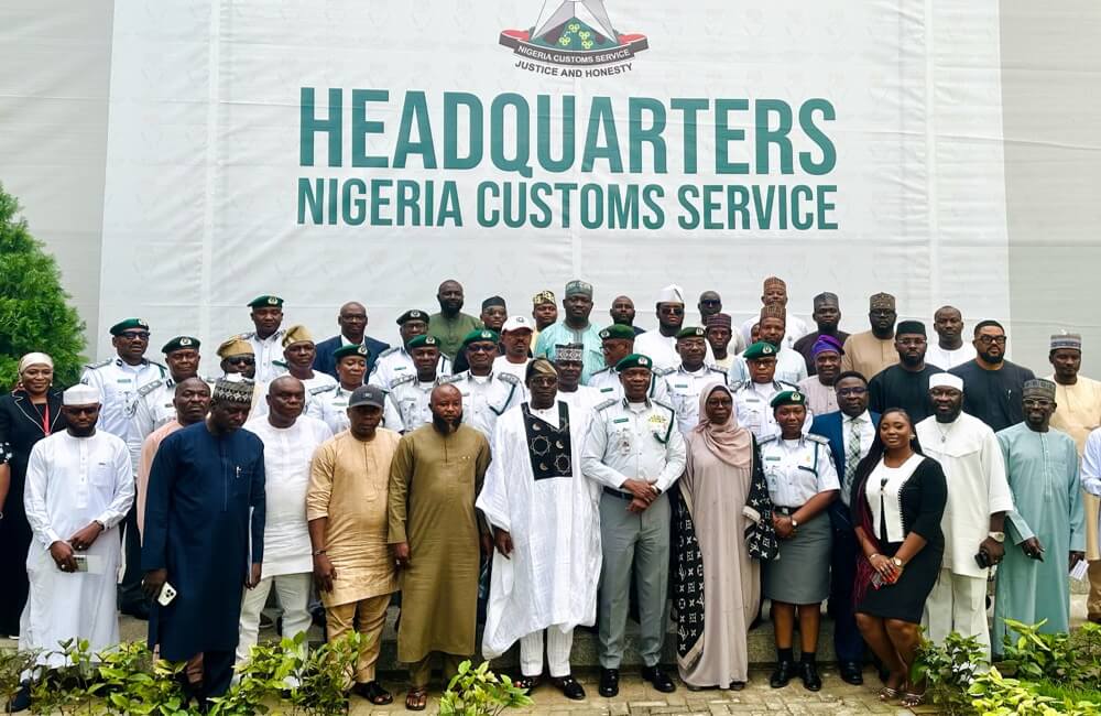 The Comptroller-General of Customs, Wale Adeniyi (8ty from right at the front row) and other stakeholders during the launch of a new digital verification system aimed at curbing vehicle smuggling, improving transparency, and ensuring proper documentation of imported vehicles across the country.