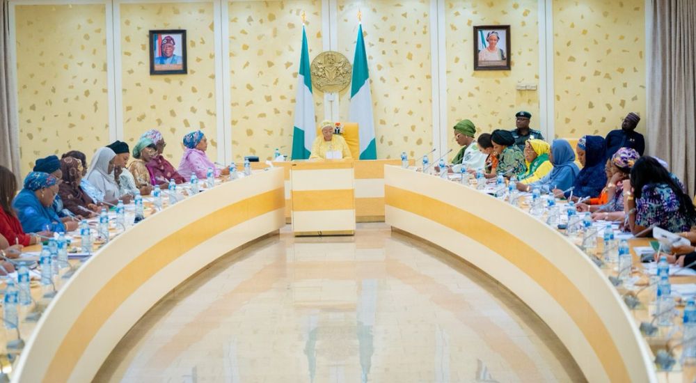 First Lady of Nigeria Senator Oluremi Tinubu with the Wife of the Vice President Hajia Nana Shettima Wife of the Chief of Staff to the President Mrs Salamatu Gbajabiamila with Wives of State Go No Child Should Go Hungry, Says Remi Tinubu